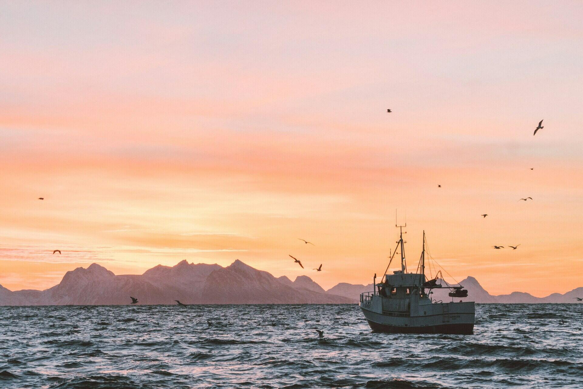 un bateau de pêche avec coucher de soleil